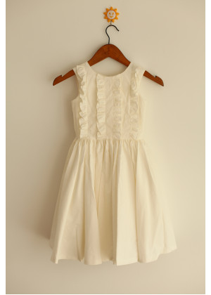 Ivory Cotton Ruffle Decorated Knee Length Flower Girl Dress